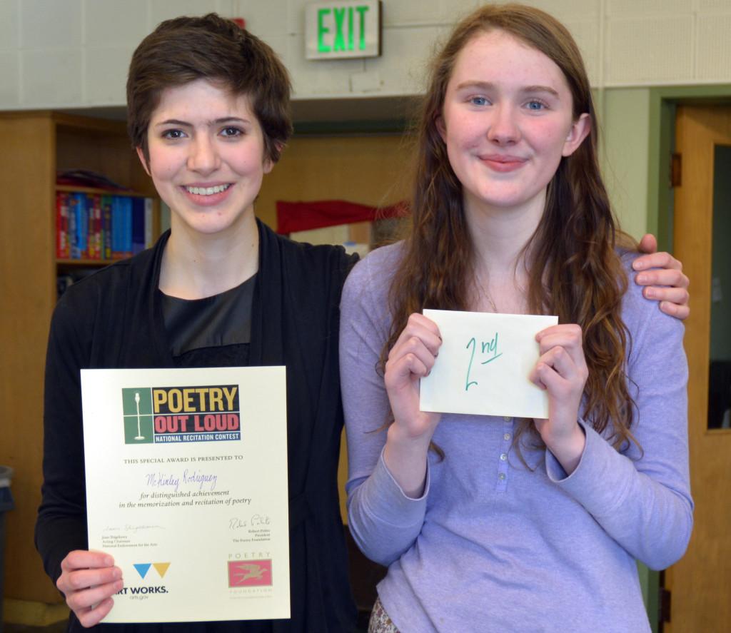 First-place winner in slam poetry competition McKinley Rodriguez (left) and runner-up Mai O'Neill will advance to state on March 15.