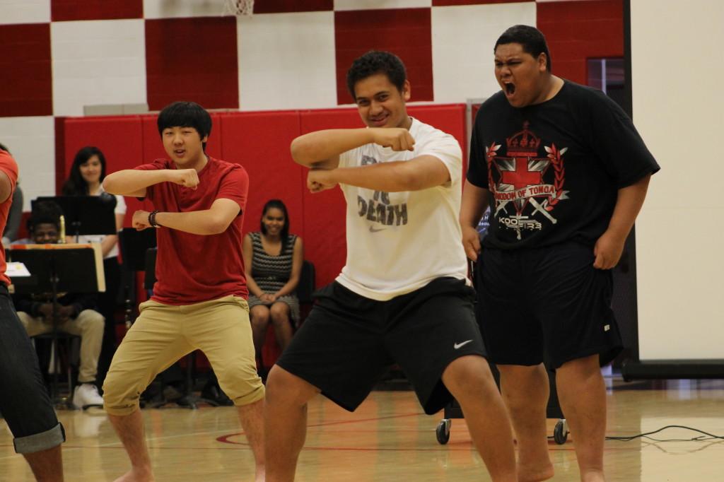 Rugby players perform the haka at the annual multi-cultural assembly April 4.