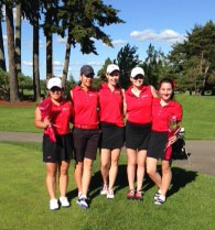 Savoring their fifth-place finish at state are (from left) Katie Lee, Phoebe Nguyen, Sara Stember, Morgan Sloan, and Anne Kiefel. The tournament was held May 19, 20 at Emerald Valley in Creswell.