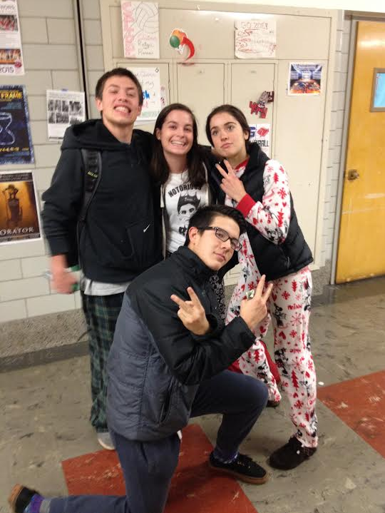 Juniors Joey Resnick, Caroline Friesen, Lucy McMath, and Tian Lee (below) pose in their colorful variety of pajamas.
