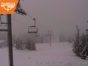 Timberline Lodge receives rainfall instead of snow. Photo from Timberline Lodge live webcams.