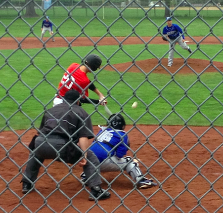 Senior Nate Ostmo prepares to hit the ball into right field against Grant April 21. Lincoln beat the Generals 5-1.