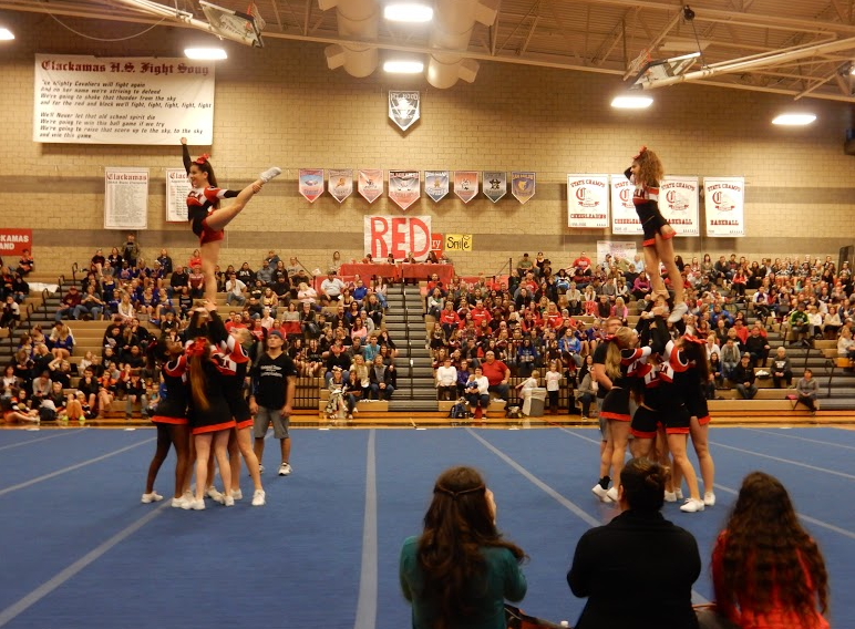 Lincoln cheerleaders perform at the Clackamas Cheer Invitational Jan. 30, where they took third in the 6A Small division.