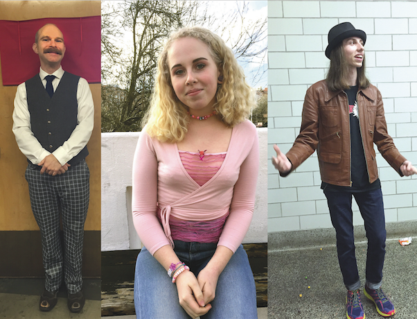 Left: German teacher Andrew Duggan flaunts his Bobby Hart pants outside his classroom in Freshman Hall. Middle: When shes feeling happy, Sophomore Chris Smit pulls on her signature bright pink clothes - and occasionally a sprinkle of glitter. Right: Otto Portzline stands in the basement stairwell wearing one of his many hats.