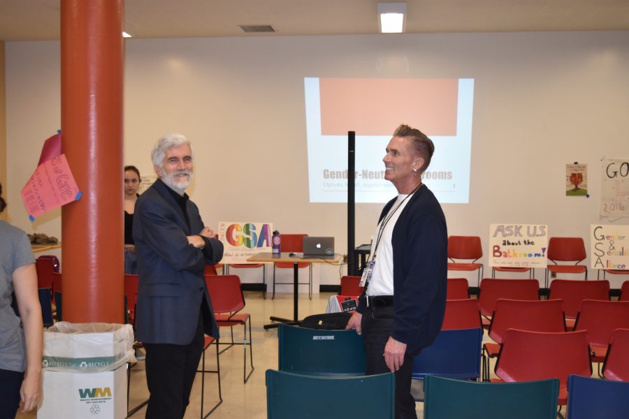 Health Action Network co-chair Mike Roach and health teacher Timothy Goldhammer attend the Oct. 26 meeting to discuss the new restroom.