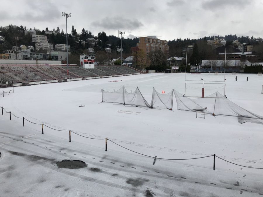 A light layer of snow on the Lincoln field on Dec. 24, 2017.