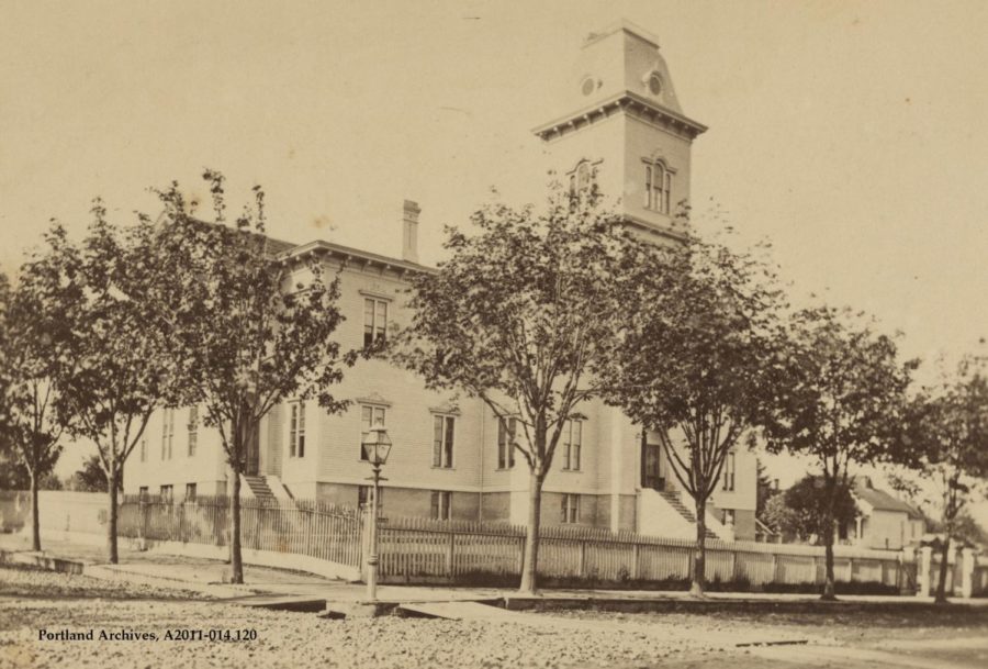 Central School, the first incarnation of Lincoln, located at the current site of Pioneer Courthouse
Square, pictured in about 1870. Lincoln turns 150 years old next year.