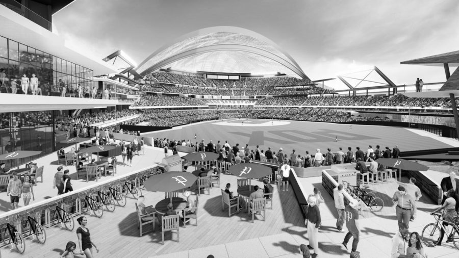 Visual renderings of the proposed Major League Baseball stadium at the Port of Portland’s Terminal 2, assuming Portland is awarded a team.