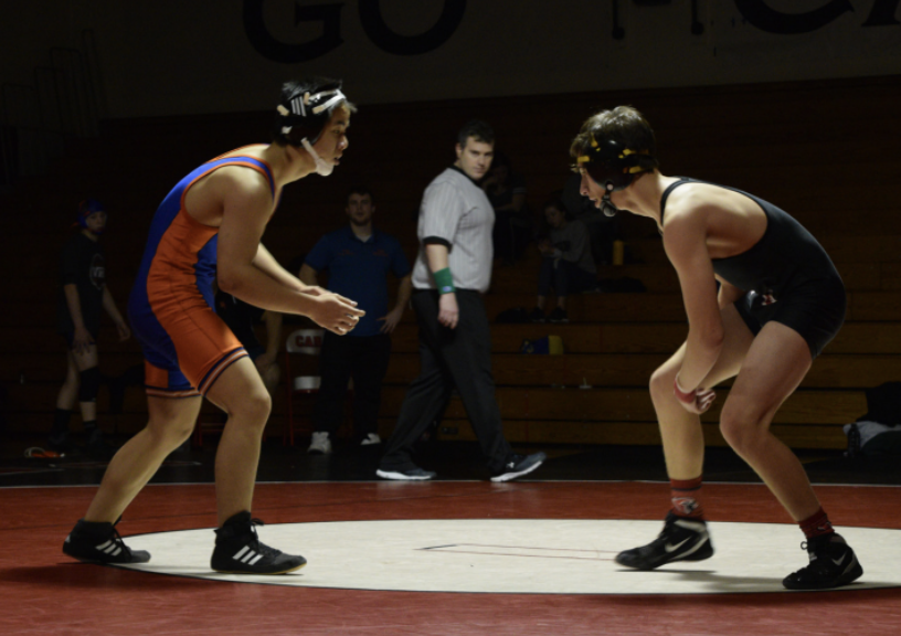 Sophomore Marco Farinola faces off against a wrestler from Benson during a meet at Lincoln on Jan
24.
