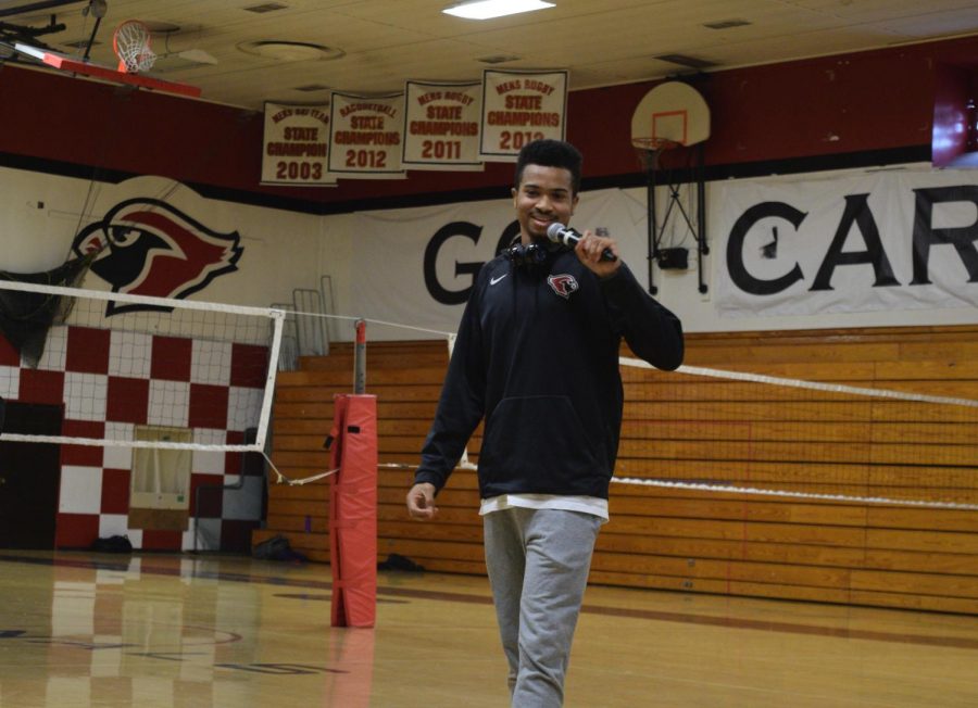 Caleb Dickson, also known as Yung_CED in the rapping community, performs Feb 7 in the Lincoln gym. Dickson led a presentation created by Critical Race Studies 3-4 students about art forms important to the black community.