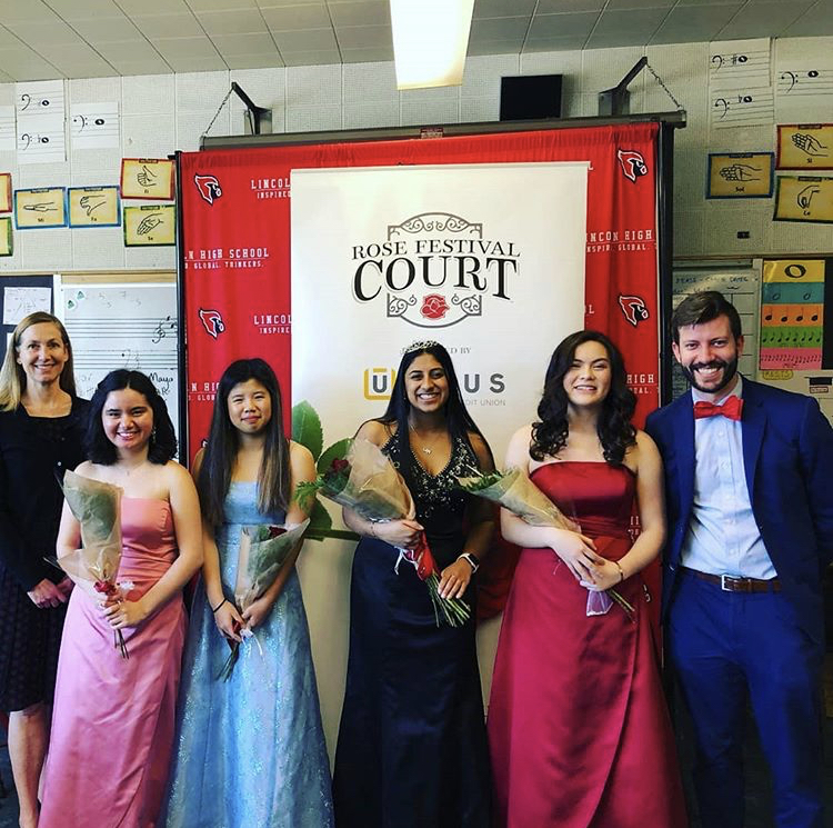 The four candidates for Lincolns Rose Princess pose in Room 169 following the crowning of Anya Anand as Lincolns 2020 Rose Princess. Candidates from left to right: Natalia Bermudez, Kylie ones, Anya Anand, Kiki Locke-Harris. Also pictured are Lincoln principal Peyton Chapman (far left) and vice principal Chris Brida (far right).