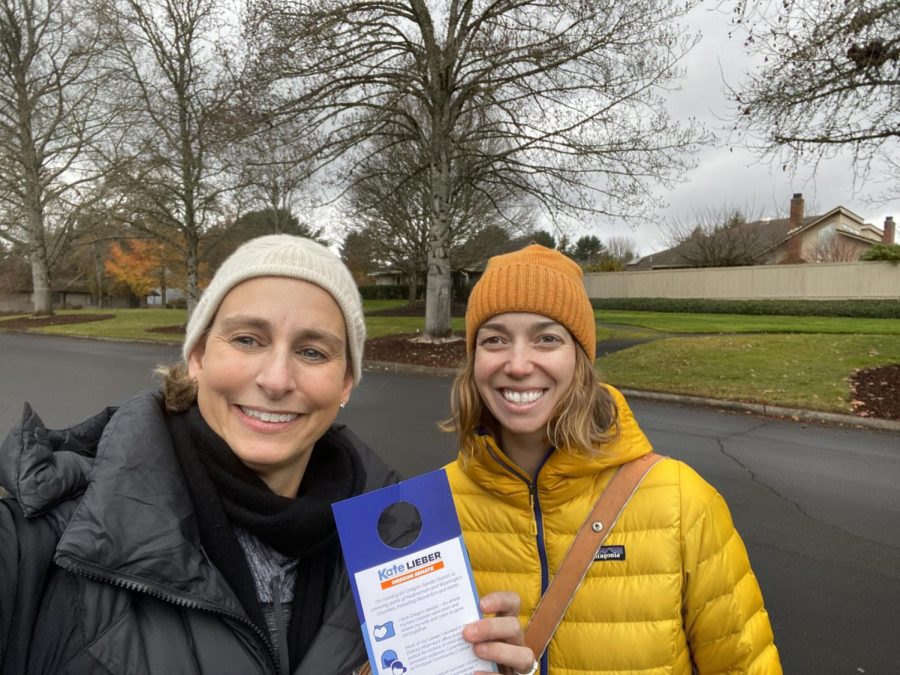 Caption: Kate Lieber (left) and Anna Rozzi (right) canvassing for Liebers Oregon State Senate campaign in Jan. 2020 (pre-COVID-19).