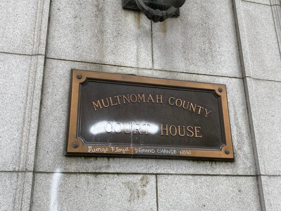 The Multnomah County Courthouse sign vandalized Friday night.