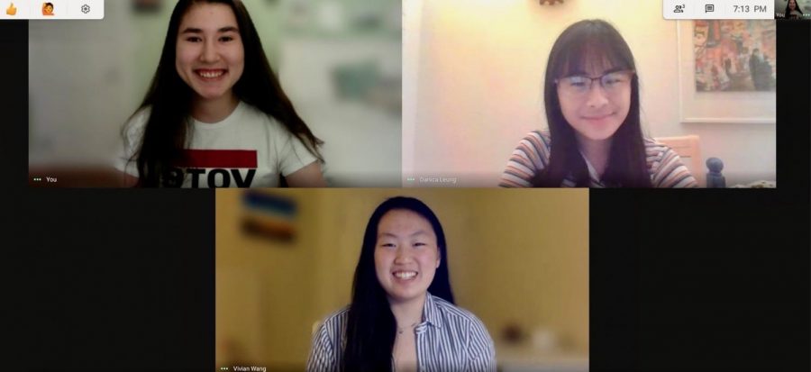 Cate Stone (top left), Vivian Wang (bottom) and Danica Leung (top right) during an Oregon My School Votes state lead meeting. Stone, Wang and Leung began the Oregon chapter of My School Votes in June to encourage Oregon youth to register and vote in the November election. 