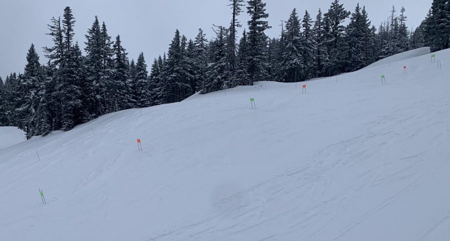 Ski team practices on the giant slalom race course  on Wednesday the 27th (on easy rider at Mt. Hood Meadows). 