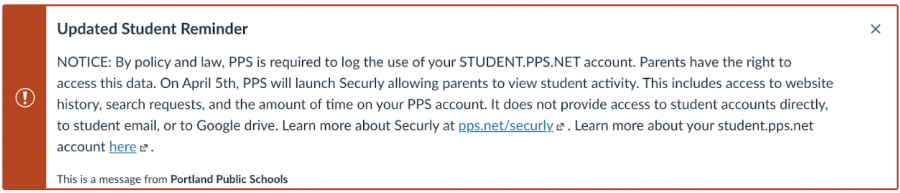 The Canvas notification sent to all PPS students regarding the implementation of Securly.