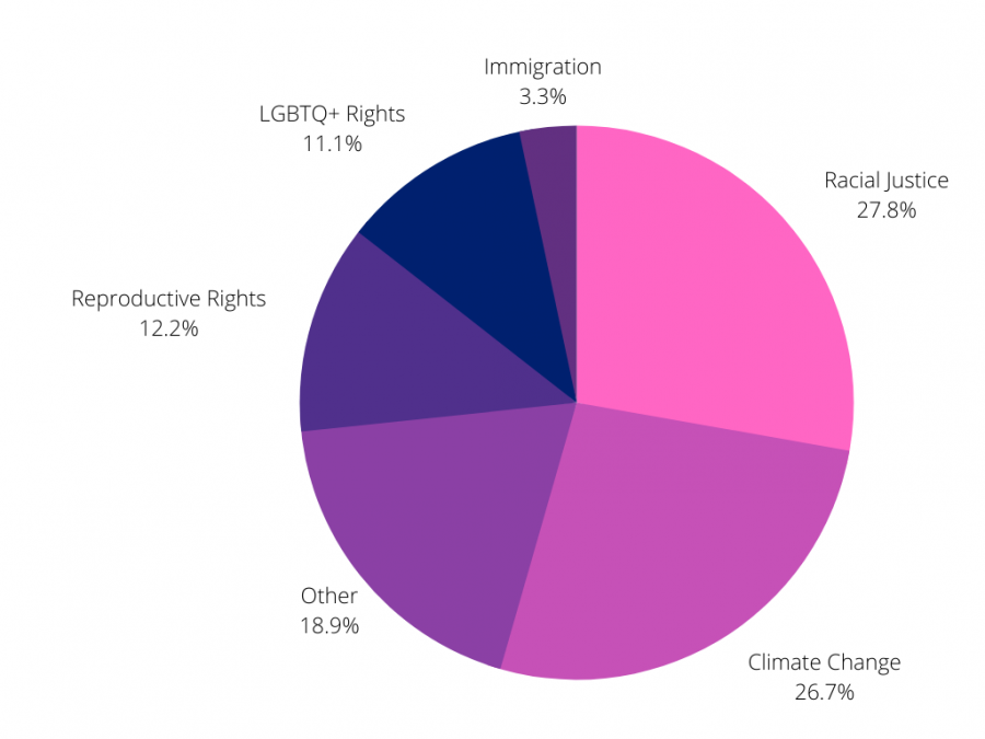 This graph shows the most popular subjects that Lincoln students care about, based on the survey. The most popular subjects were racial justice, climate change, reproductive rights and LGBTQ+ rights.