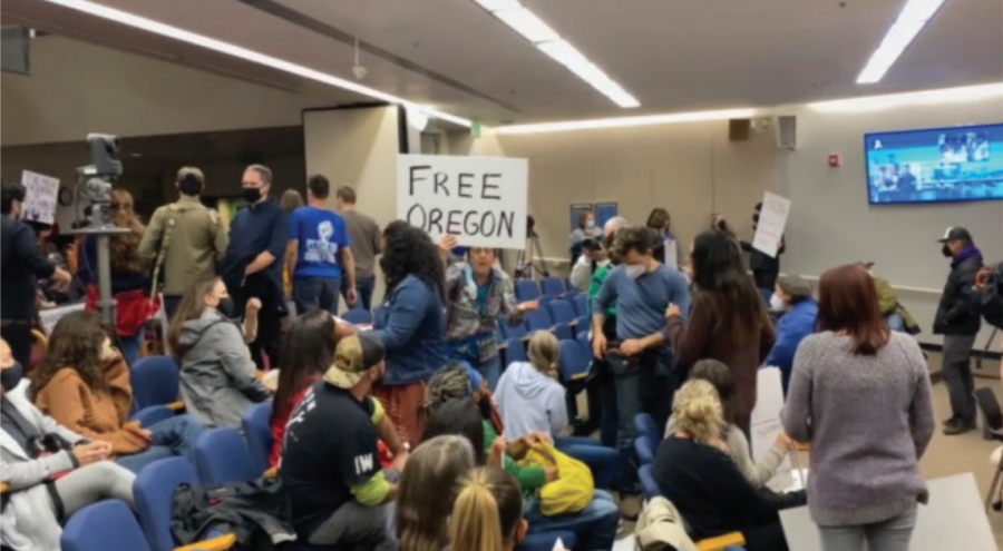 Anti-mask and anti-vaccine protesters shut down the Oct. 26 school board meeting. The vaccine mandate vote has been delayed for six months to examine the wisdom of a mandate.