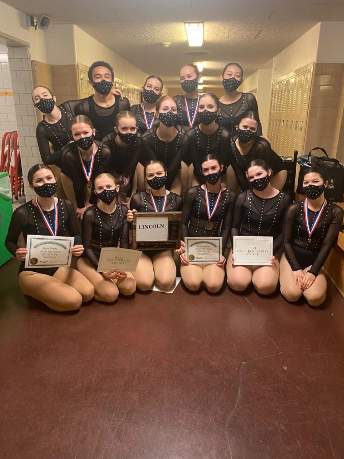 Lincoln%E2%80%99s+dance+team+celebrates+after+the+awards+ceremony+at+the+Portland+Interscholastic+League+%28PIL%29+competition.+Their+State+competition+will+be+on+Mar.+19+at+Oregon+City+High+School.+
