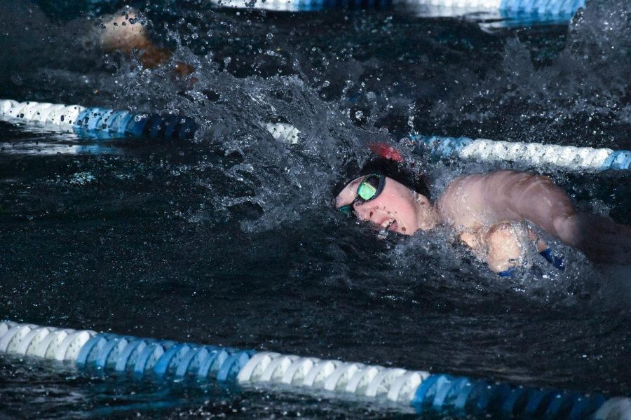 Charlotte Ducanois swims the final leg for the Lincoln girl’s 400-yard free relay. The team won the district title in the 400-yard relay, which advanced them to the state-level meet. At State, they placed fourth in the event. The team was made up of four swimmers, listed from left to right: Mia Saavedra, Lucy Rush, Natalie Moser, Charlotte Ducanois.