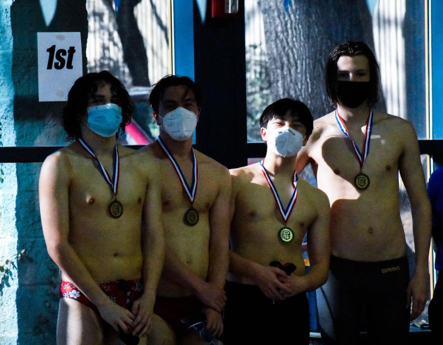 The Lincoln boy’s relay team takes first place in the 200-yard medley relay, beating the second place team by six seconds. Team listed in order from left to right: Sebastian Cordova, Evan Russell, Cameron Chen, Lucas Williams.