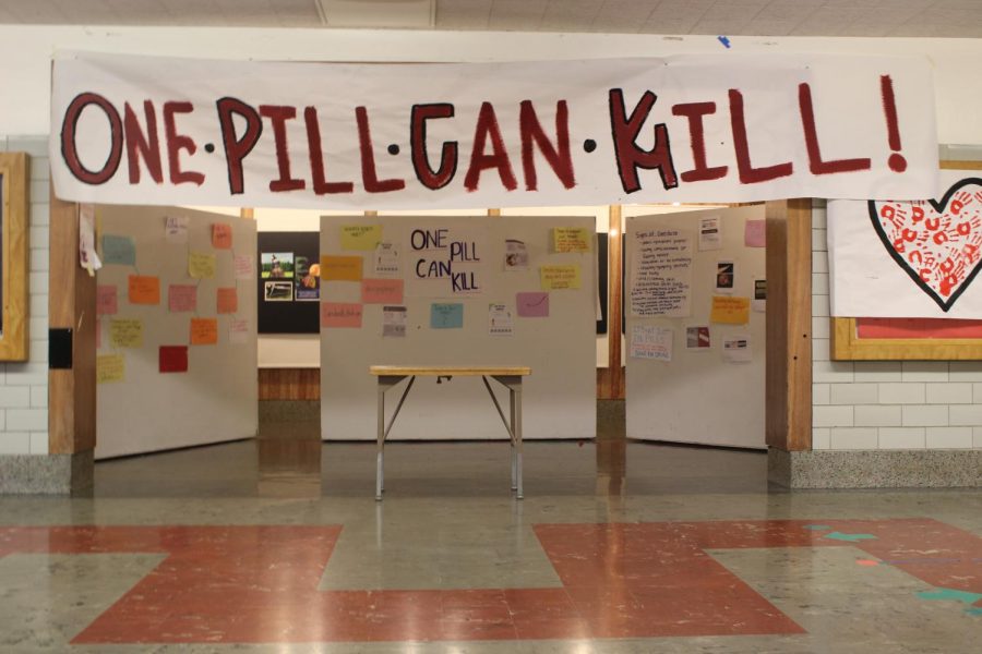 One pill can kill sign hung over the laced drug awareness display in Lincoln’s main hall. 