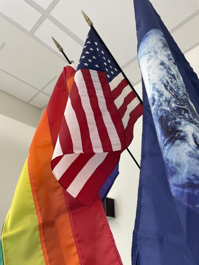 Flags now hang in every classroom in Lincoln’s new building. Some teachers have chosen to add additional flags. One classroom has a pride flag, the American flag, and a flag of Earth. 