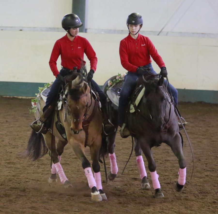 Lincoln High School equestrian coach Olive Trump and her horse, Lynx (left) and fellow teammate Phoebe with horse Royal (right).
