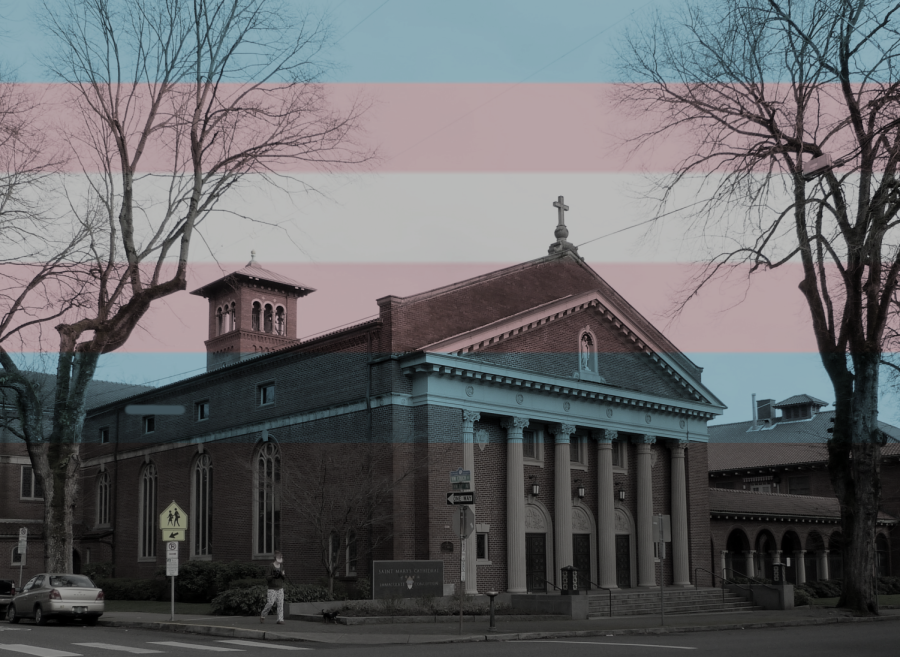 A+transgender+pride+flag+is+overlaid+atop+a+photograph+of+St.+Marys+Cathedral+of+the+Immaculate+Conception%2C+the+seat+of+the+Archdiocese+of+Portland.+The+archdiocese+published+the+document+A+Catholic+Response+to+Gender+Theory+which+affects+the+Catholic+high+schools+in+the+greater+Portland+area+regarding+transgender+issues.