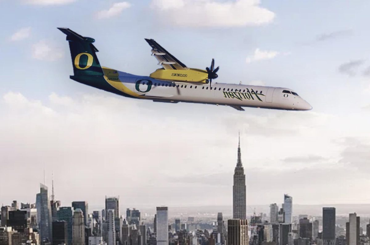 The Ducks private jet flying over New York City. Oregon’s new conference is mostly located on the East Coast.