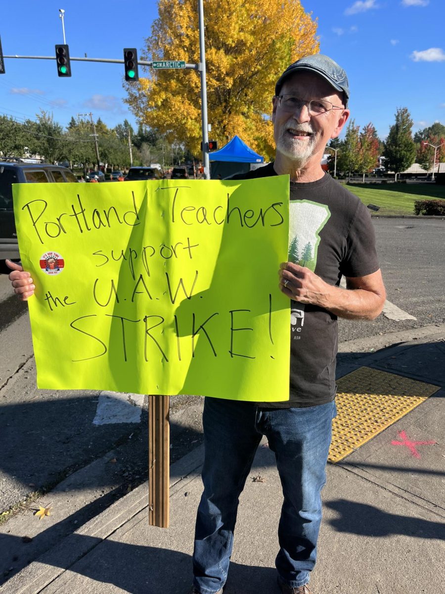 Former Lincoln teacher, Ted Dreier, stands in solidarity with the United Auto Workers (UAW) strike.