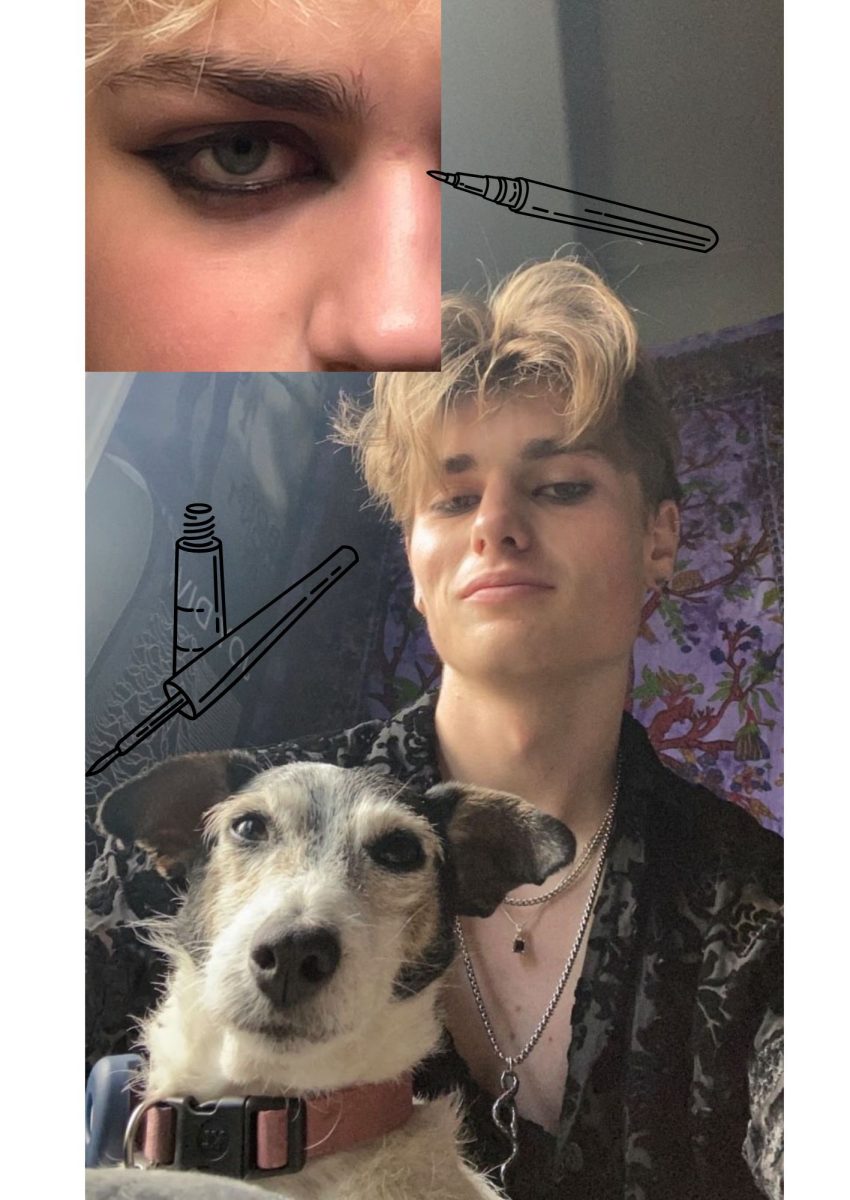 Chase Kochis wears eyeliner with his dog Arther (center) Finley Hobbs experiments with winged eyeliner (upper left).