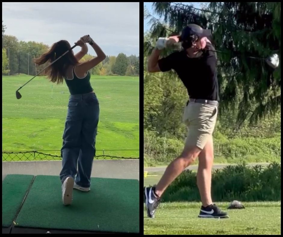 The girl’s golf team member junior Sophie Liu and junior member of the boys golf team, Quinn Hefele, take a swing.

Kerry Lawless and Eun Hee Park