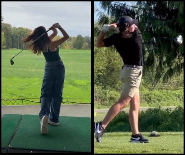 The girl’s golf team member junior Sophie Liu and junior member of the boys golf team, Quinn Hefele, take a swing.