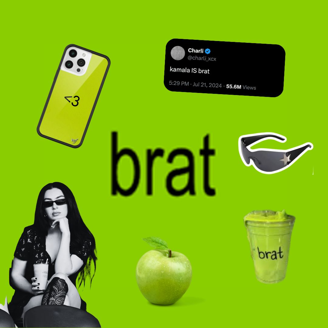 Charli XCX released "brat" this summer. The album's lime green background and bold black letters form the simplistic yet striking aesthetic that shaped the "Brat Summer” trend. Elements from the trend include Charli XCX’s collaboration with phone case brand, Wildflower Cases and a tweet referencing Kamala Harris’ use of “brat” for her presidential campaign. 