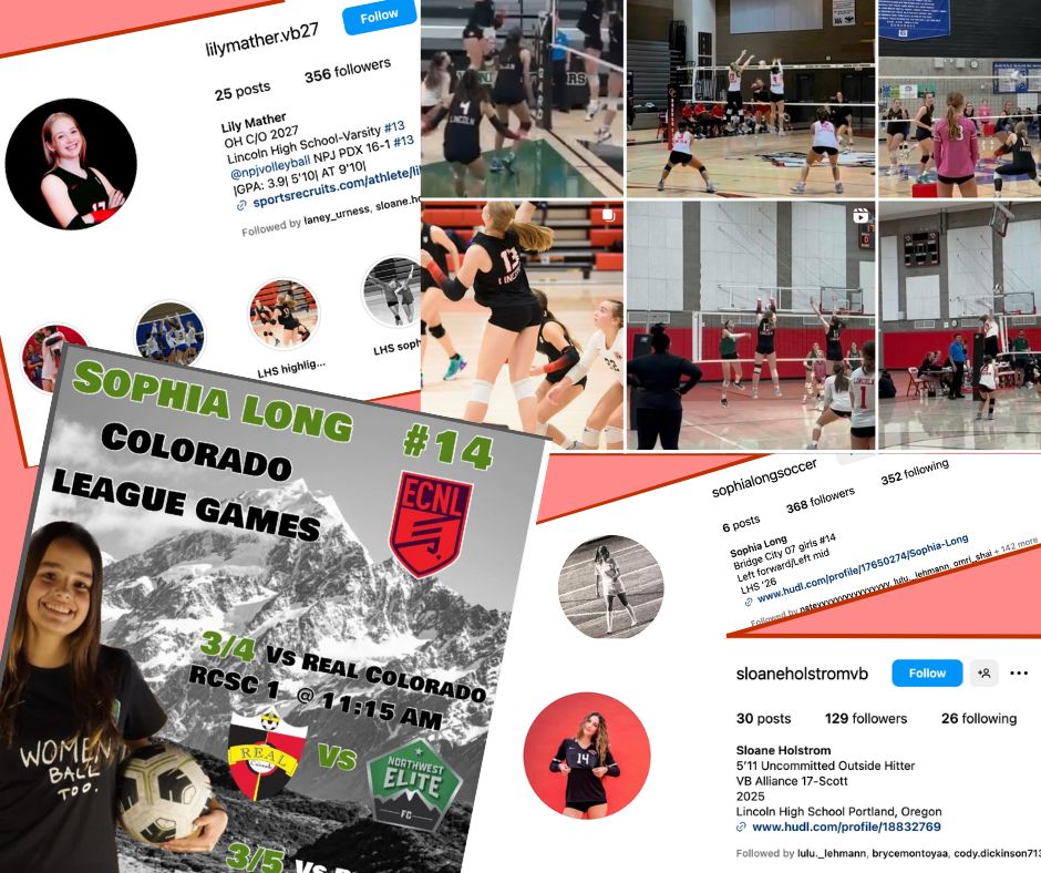 Senior Sloane Holstrom, junior Sophia Long and sophomore Lily Mather have all created Instagram athlete accounts to increase exposure among college recruiters. Social media can be a tool in the recruitment process when used to promote a positive platform and digital footprint.