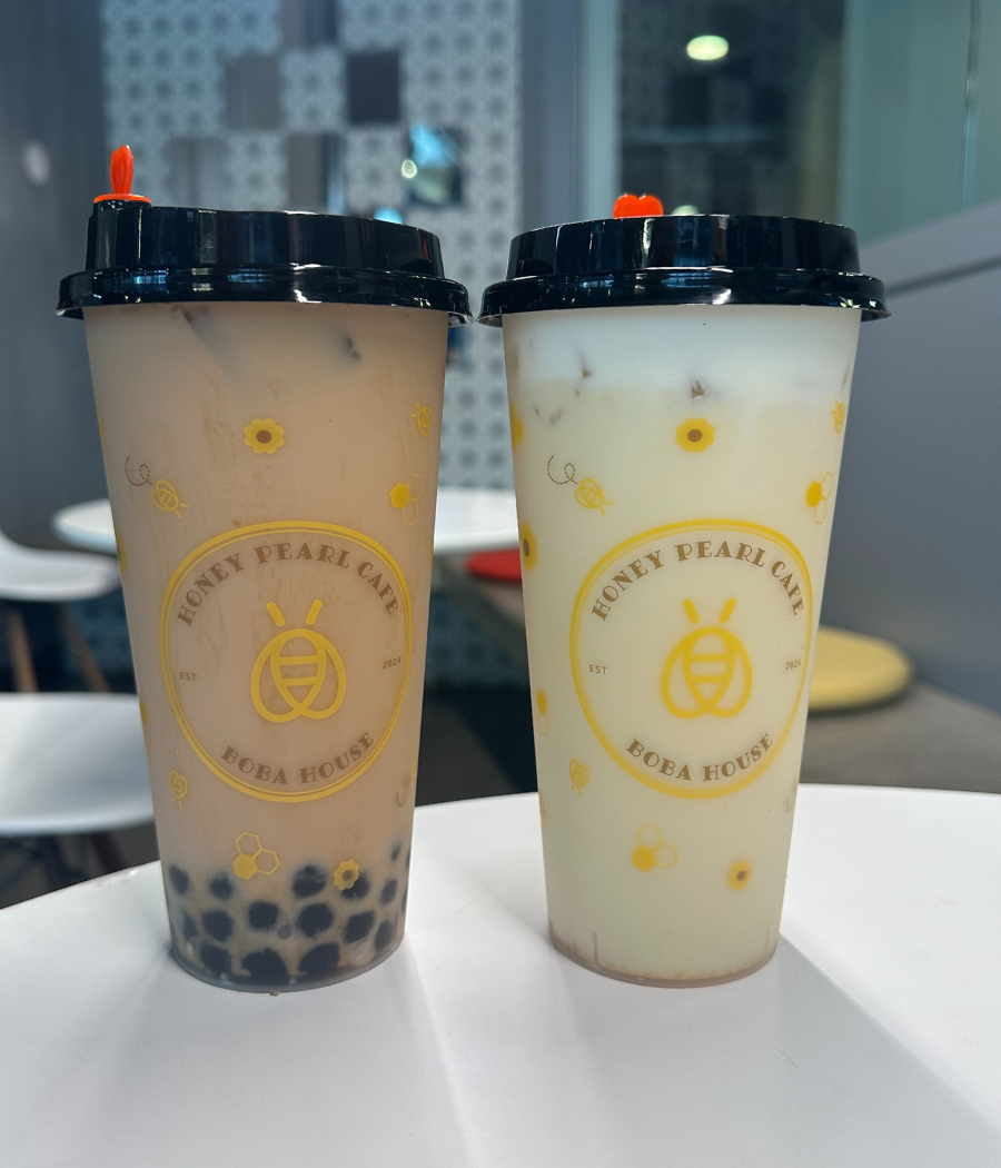 Honey Pearl Cafe is located on SW 12th Ave. On the left is the brown sugar swirl milk tea, and on the right is the Mango Dream.