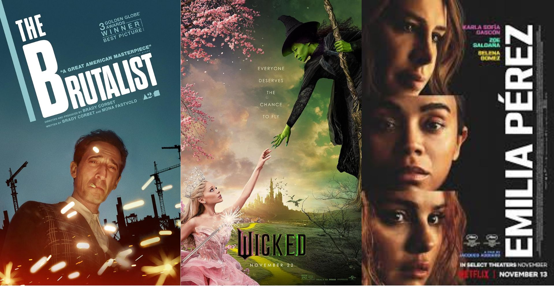 "The Brutalist" and "Wicked" each received 10 nominations; "Emilia Pérez" received a record 13.

Courtesy of A24, Universal Pictures, and Netflix.