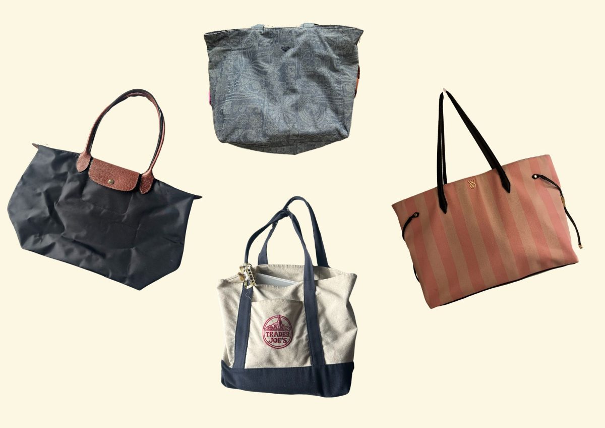 These are are a few of the tote bags students have been loving this year. Left side: Longchamp Bag, Bottom: Trader Joe's tote bag, Right side: Victoria's Secret tote bag, and Top: Roxy Tote  