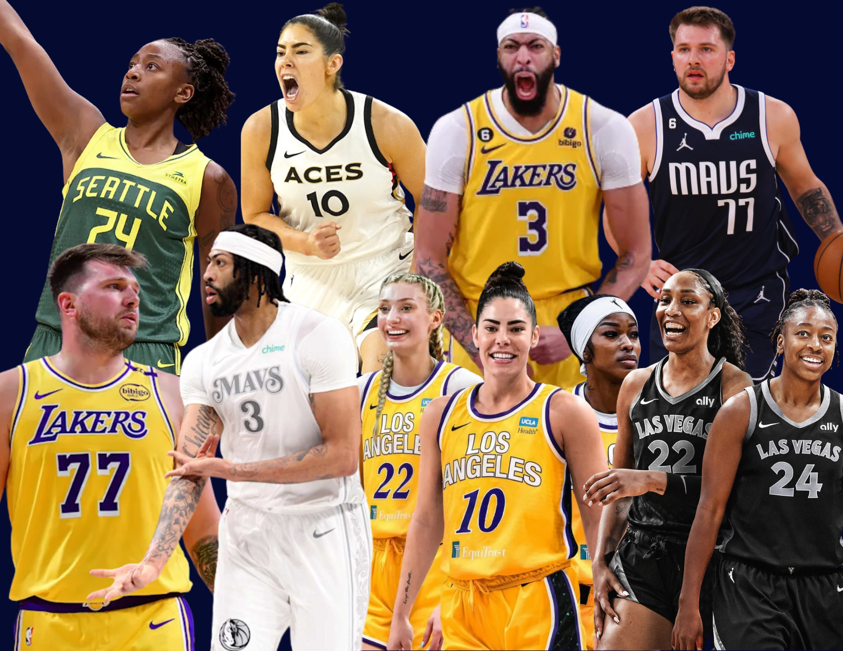 Luka Dončić, Anthony Davis, Kelsey Plum and Jewell Loyd represent their new cities. 

Photos courtesy of Wiki Commons