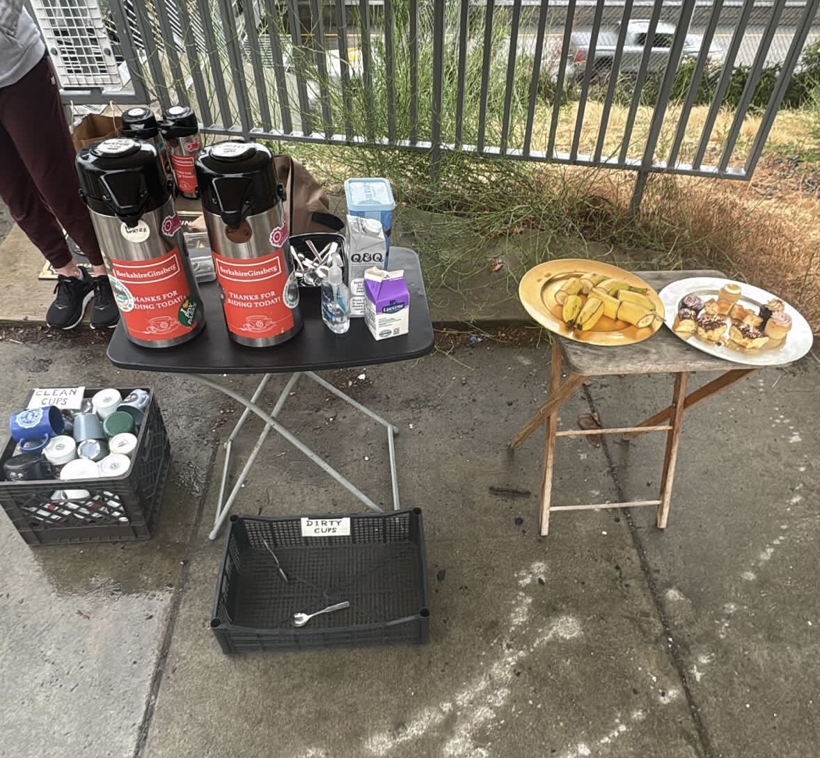 At the Flanders Crossing at 7 am, the Breakfast on the Bridges volunteers set out the food and coffee in preparation for the event. Courtesy of Kaitlyn Bishop