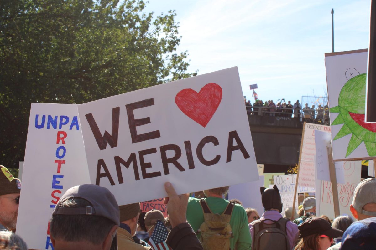 In frustration with the Trump Administration and their possible deployment of federal agents, Portlanders protest on October 18 at the “No Kings Protest.”
By Sage Colley