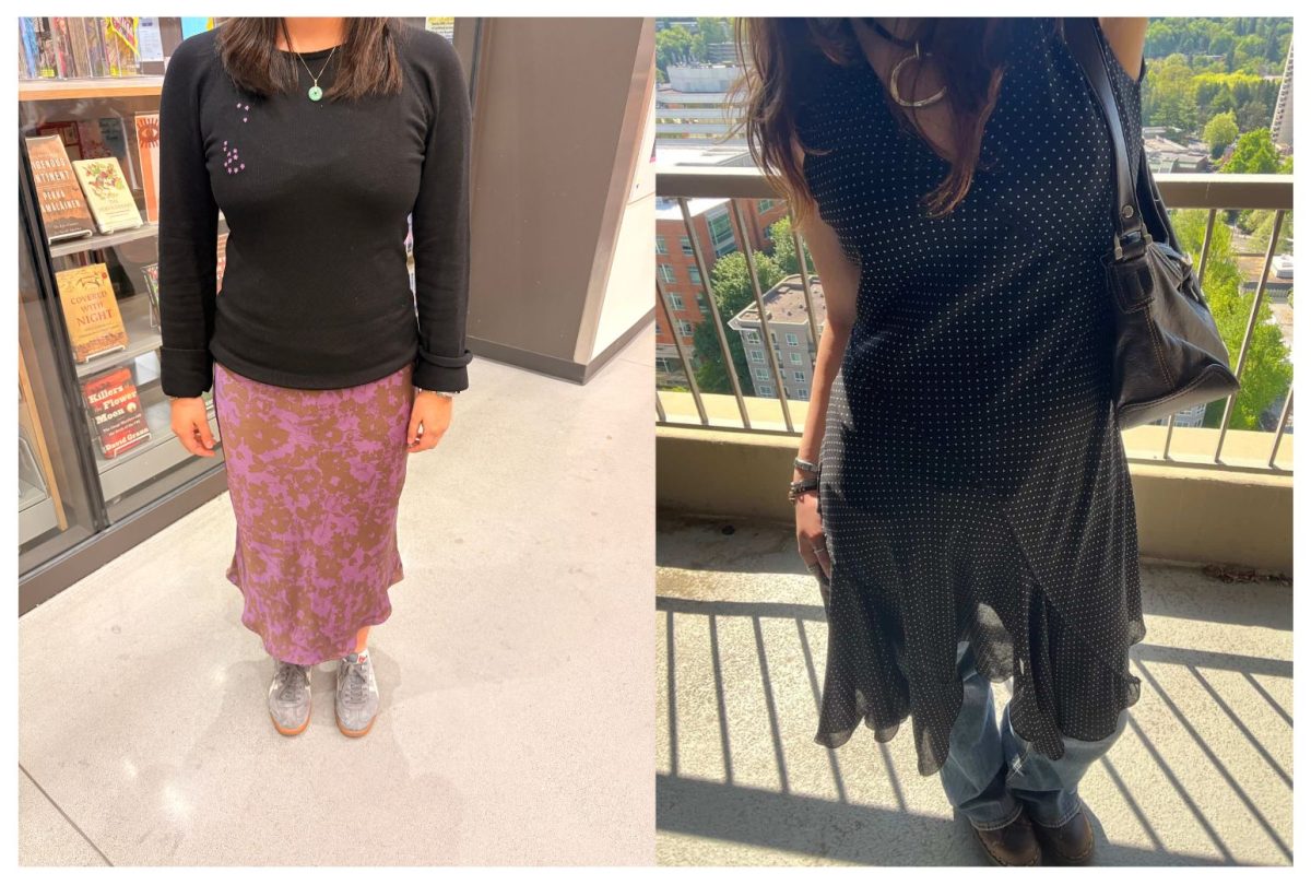Seniors Luce Scott (Left), and Anna Skarpness (Right) wearing their thrifted clothes. Photo is courtesy of Luce Scott. 