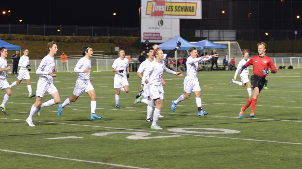 Cards celebrate after Lincoln’s first goal in the state championship. Photo courtesy of The Cardinal Times.