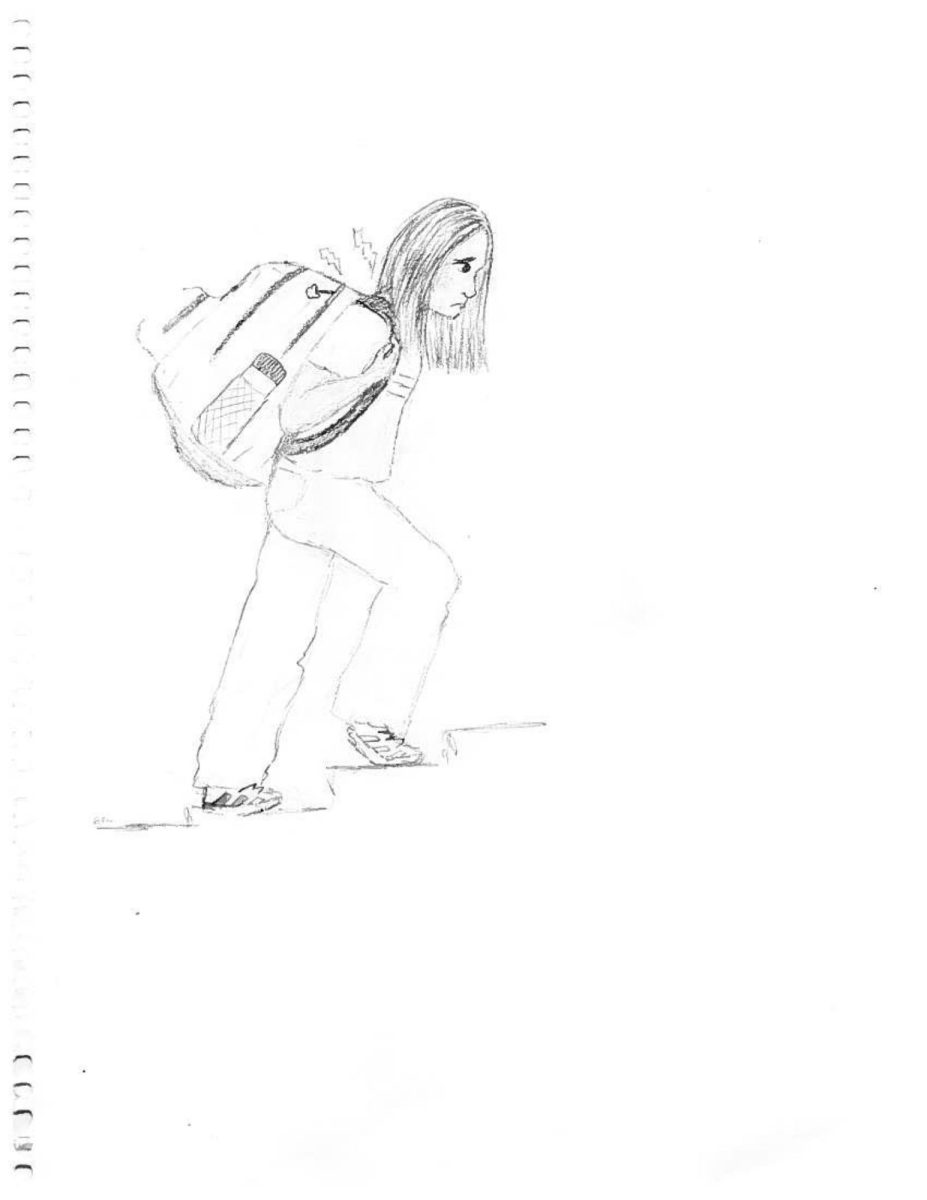Back pain, exhaustion and finagling elevator passes are common symptoms of students forced to carry ginormous bags because they can’t open their lockers. Drawing by Nora Christy
