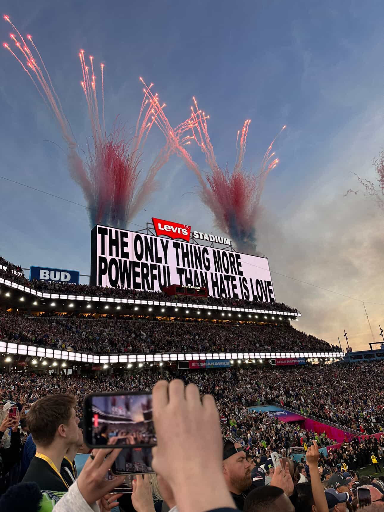 “The only thing more powerful than hate is love” was the message displayed on the Jumbotron at the end of Bad Bunny’s halftime performance.
