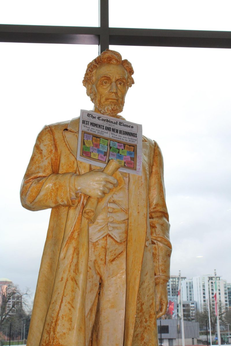 Originally, in the old Portland High School at what is now PSU, the Abraham Lincoln statue on the second floor was nicknamed  ̈butter Lincoln ̈ for the statue’s yellow color. The statue has been at Lincoln since 1912 and has endured multiple relocations throughout the years. A targeted attack left him beheaded and missing his right arm. In need of statue-saving surgery, the statue was sent off to be repaired at a cost of over $1,000.
By Ravi Weinrobe.